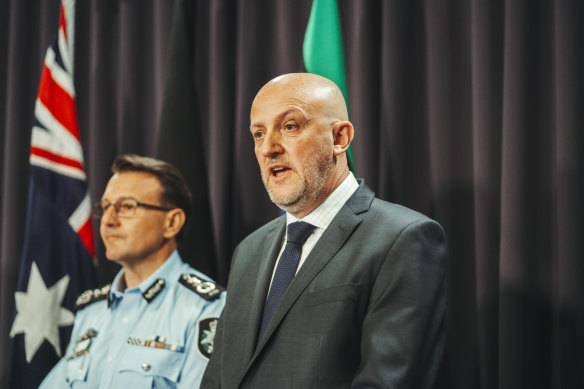  AFP Commissioner Reece Kershaw (left) and ASIO Director General Mike Burgess speak about the raids on Wednesday.