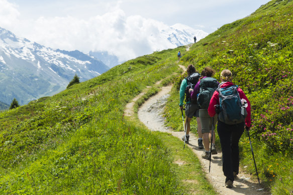 Hikers on a trail above Chamonix.
