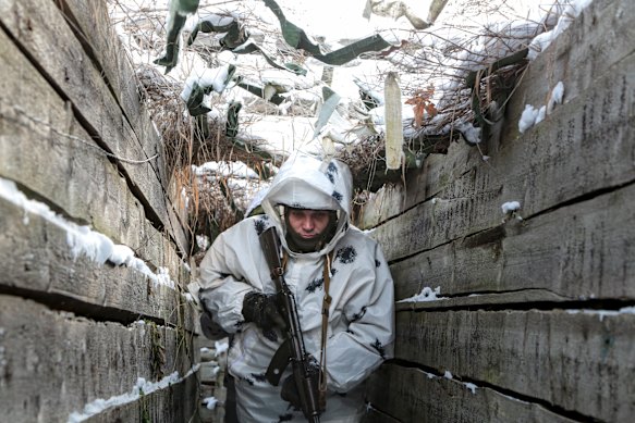 A pro-Russian militant manning a frontline in Ukraine’s occupied eastern territory. 