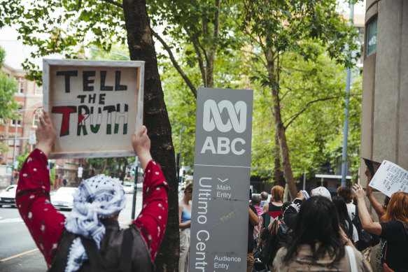 Students Against War protest against the sacking of Antoinette Lattouf and the broader issue of silencing journalists, outside the ABC headquarters in Sydney on Thursday. 
