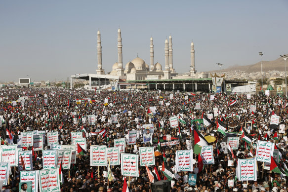 Houthi supporters attend a protest Sanaa, Yemen, against the US-led airstrikes.