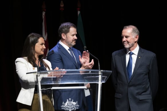 Professor Trevor McDougall AC (right) is congratulated on his award by Science Minister Ed Husic and Australia’s Chief Scientist Dr Cathy Foley.