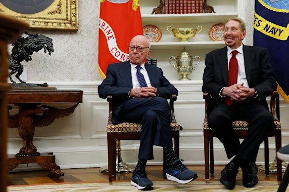 The world’s second-wealthiest person, Larry Ellison, with billionaire Rupert Murdoch at the White House this year.