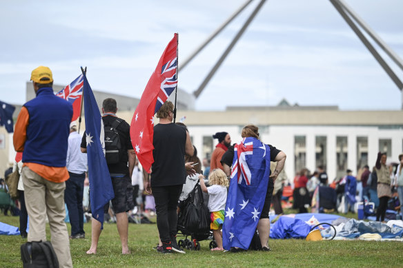 Protesters gather at Parliament House on Tuesday, March 29, ahead of Treasurer Josh Frydenberg’s budget.