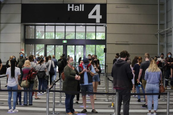 Crowds at the Brisbane Convention and Exhibition Centre on the opening day of the mass vaccination hub.