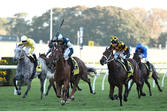 Jockey Ethan Brown salutes aboard Jimmysstar, centre, in the group 1 All Aged Stakes at Randwick in April.