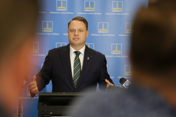 Lord Mayor Adrian Schrinner speaks to reporters about the 2022-23 Brisbane City Council budget.