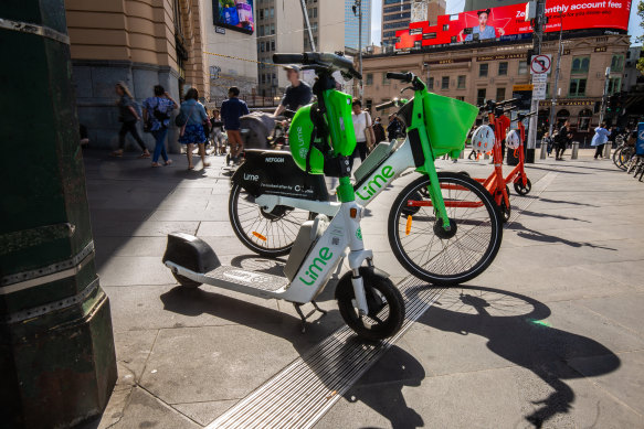 E-scooters outside Flinders Street Station.
