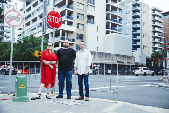 Mascot Towers residents Treacy Sheehan, Anthony Najafian and Alex Chan, outside the Mascot Tower apartments.