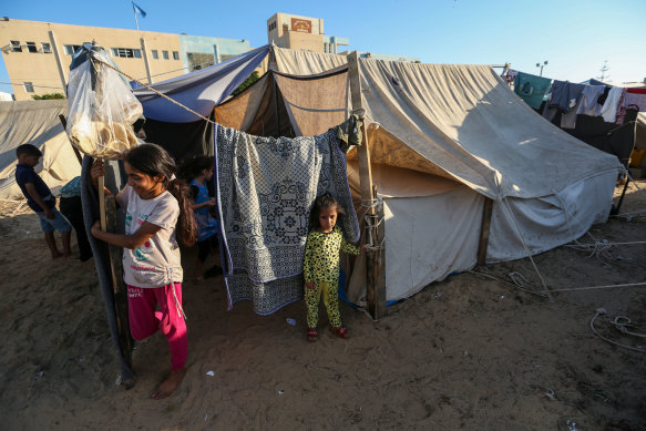 Tents at a refugee camp set up for Palestinians seeking refuge in Khan Younis in the Gaza Strip.