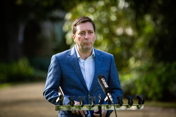 Opposition Leader Matthew Guy talks to the media on Sunday.