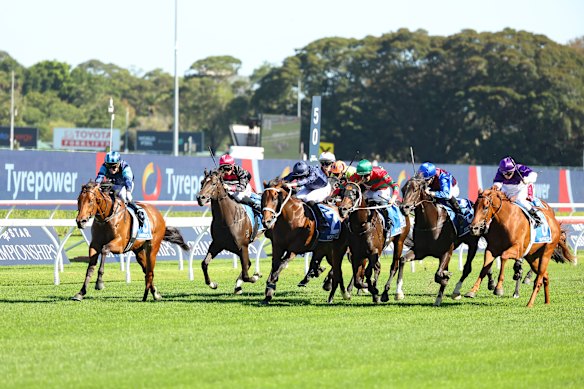 Buffalo, on the far right, launches late in the ATC Sires Produce Stakes to finish third.