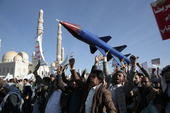 Houthi supporters attend a rally in support of the Palestinians in the Gaza Strip.