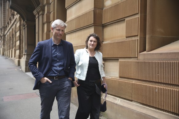 Professors Michael Toft Overgaard and Mette Nyegaard outside the Folbigg inquiry in Sydney last year.