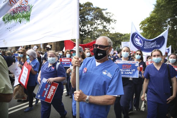 Nurses rally for better pay and conditions on February 15.