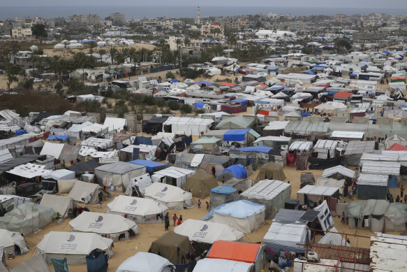 A tent camp housing Palestinians displaced by the Israeli offensive in Rafah. 