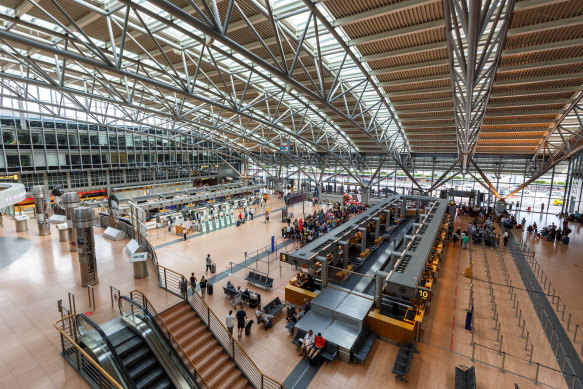 Inside Hamburg Airport – mostly drab and grey.