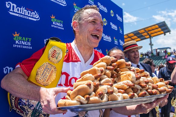 Joey Chestnut at the 2021 Nathan’s Famous Fourth of July Hot Dog Eating Contest.