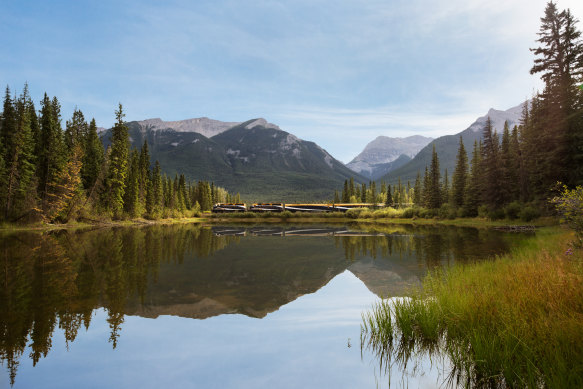 The Rocky Mountaineer passes Mule Shoe Lake in Alberta.