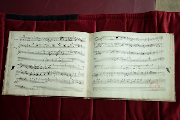 An original fragment of Wolfgang Amadeus Mozart’s handwritten music notebook on display in Paris.