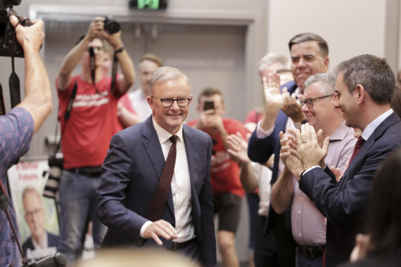 Anthony Albanese greeted by the Labor faithful, including Jim Chalmers (right) in north Brisbane last month.