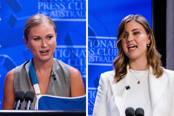 Grace Tame and Brittany Higgins make an address at the National Press Club.