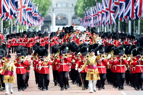 Musicians from the Household Division Mass Bands descend on the Mall.