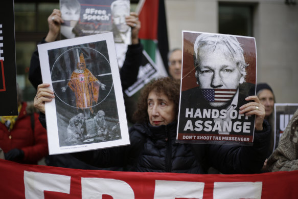 Supporters of WikiLeaks founder Julian Assange outside his Westminster Magistrates Court trial in London.