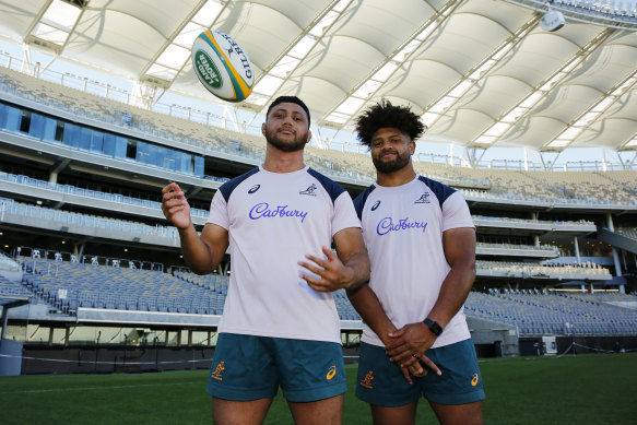 Wallabies players Rob Leota and Rob Valetini at Optus Stadium in Perth in 2022.