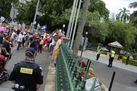 People march through Brisbane’s CBD from King George Square to Parliament House and One William Street in protest of the Queensland government’s vaccine mandates. 