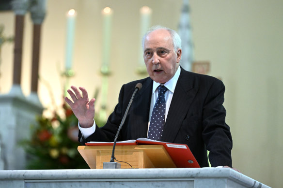 Former Australian prime minister Paul Keating speaks at the state funeral for former governor-general and Labor leader Bill Hayden in Ipswich, west of Brisbane.