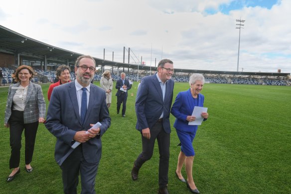 Former Victorian major events minister Martin Pakula and former premier Daniel Andrews at the Commonwealth Games announcement in April 2022. 