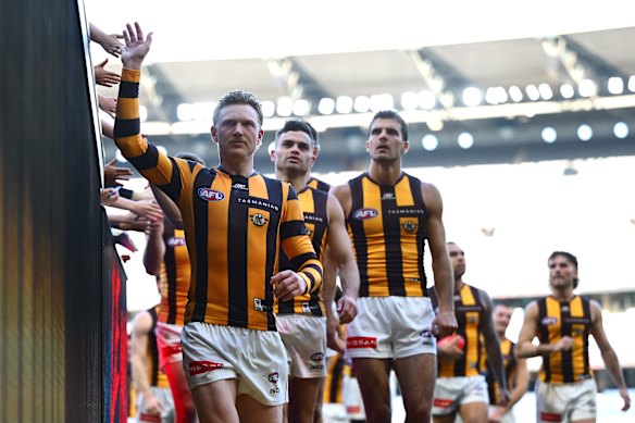 James Sicily leads his Hawks off after another win, albeit not their most impressive effort.