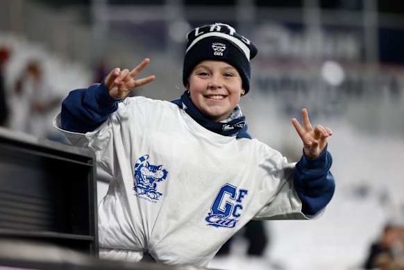 A Cats fan in his ‘Kit out the Cattery’ white t-shirt.