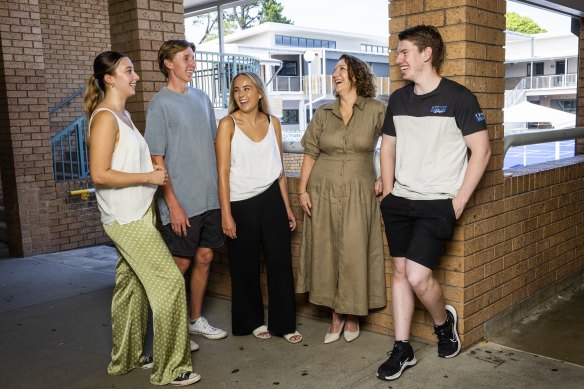 Year 12 students Liam Blair, Tayla Campbell, Sienna Robertson and Thomas Smart from St John Bosco College with principal Jenny Fowler after receiving their HSC and ATAR results. 