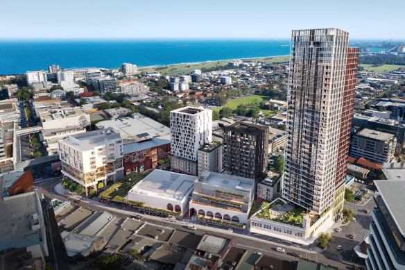 An artist’s impression, commissioned by BVN Architecture, of the new $400m WIN Grand development in Wollongong. 