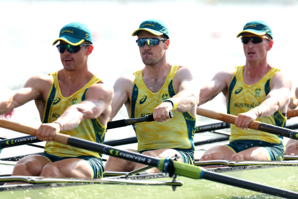 Alex Purnell (centre) in action in the men’s eight in Paris.