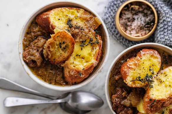 In Adam's French onion beef stew, he cooks the onions, stirring occasionally, for up to 40 minutes to coax out their sweetness.
