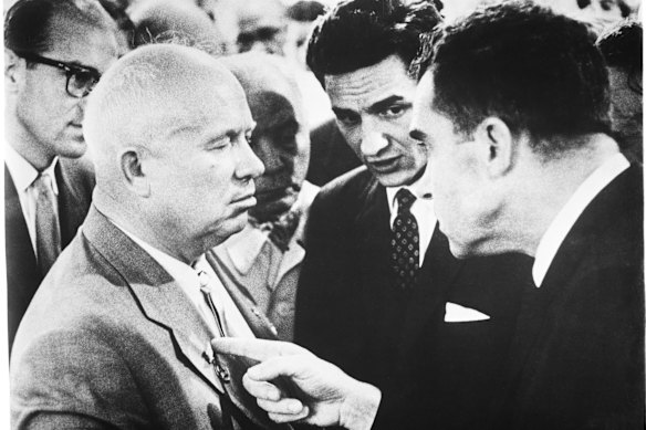 Then US vice president Richard Nixon pointing his finger at the chest of Russian leader Nikita Khrushchev in 1959.