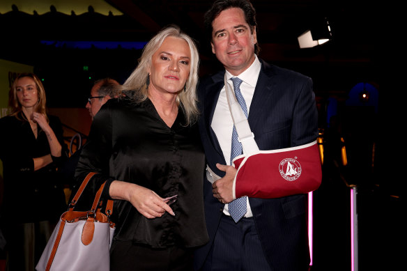 Laidley and AFL CEO Gillon McLachlan at the 2023 AFLW season launch. “It was a brutal time,” he says of her outing.