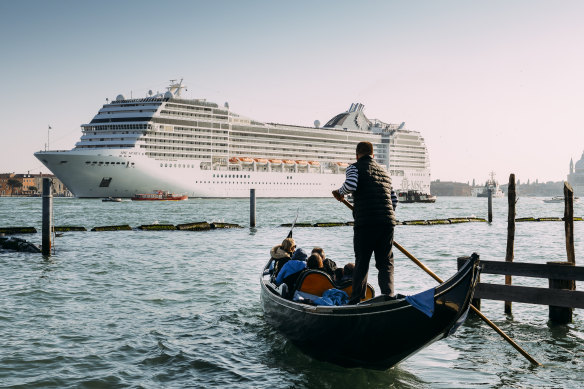 Swamped … a cruise ship in Venice.