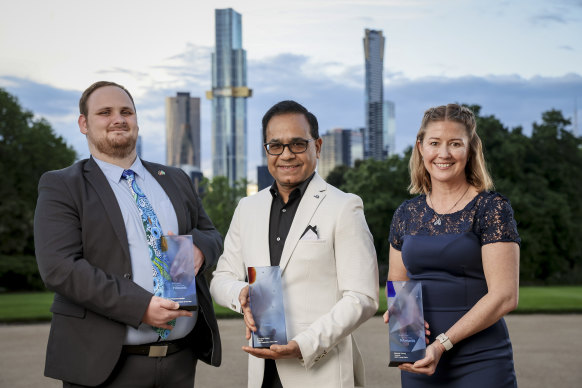 Victoria’s Australian of the Year Dr Angraj Khillan (centre) alongside Young Australian of the Year Darcy McGauley-Bartlett and Local Hero Belinda Young.