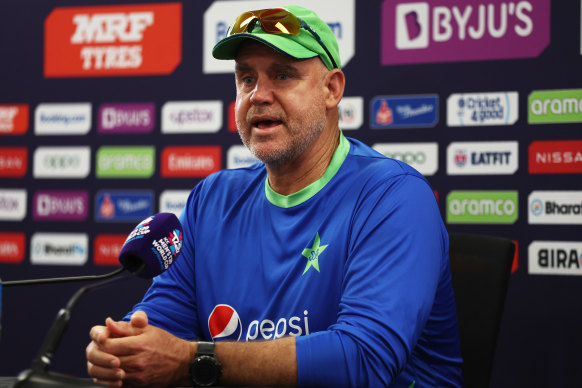 Pakistan batting coach Matthew Hayden, standing in for captain Babar Azam, address the media in Sydney on Tuesday ahead of Wednesday’s semi-final against New Zealand