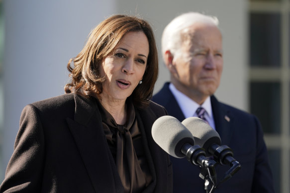 US Vice President Kamala Harris speaks alongside President Joe Biden in March. 