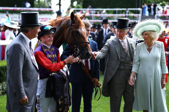 King Charles and Queen Camilla with Desert Hero after his win at Royal Ascot in June.