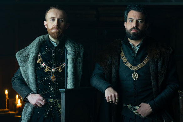 John Heffernan as the Duke of Somerset and Tom Cullen as Thomas Seymour in Becoming Elizabeth.