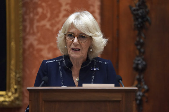 Camilla, the Queen Consort, speaks at Buckingham Palace at a reception for winners of the Queen’s Commonwealth Essay Competition.