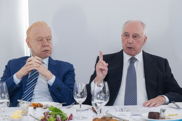 Former prime minister Paul Keating (right), whose government introduced compulsory superannuation, speaks at a superannuation roundtable hosted by Anthony Pratt (left).