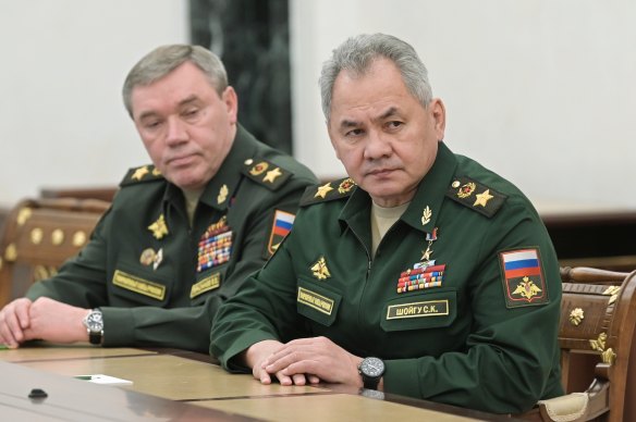 Russian Defense Minister Sergei Shoigu, right, and Head of the General Staff of the Armed Forces of Russia and First Deputy Defense Minister Valery Gerasimov in February.