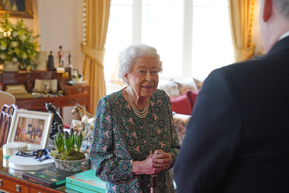 Queen Elizabeth II speaks during an audience at Windsor Castle when she met the incoming and outgoing Defence Service Secretaries at Windsor Castle on February 16, 2022 in Windsor, England
